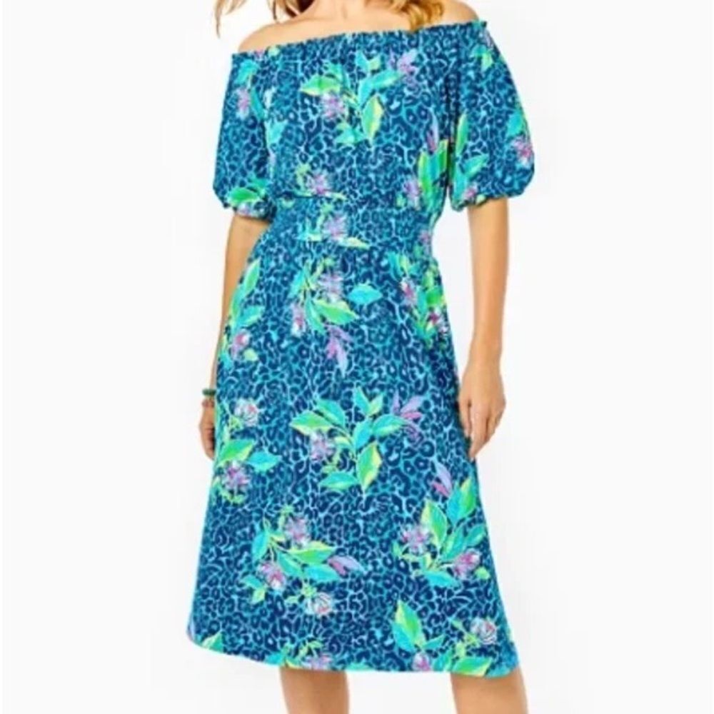 Lilly Pulitzer Camille Off-the-Shoulder Dress Women's Size Medium Turquoise Midi